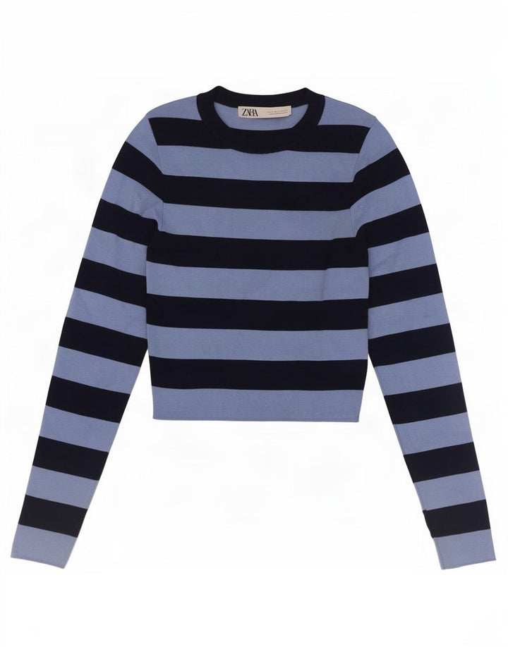 Zara Damen Crop Top Langarm UK 8 Small Blau gestreift
