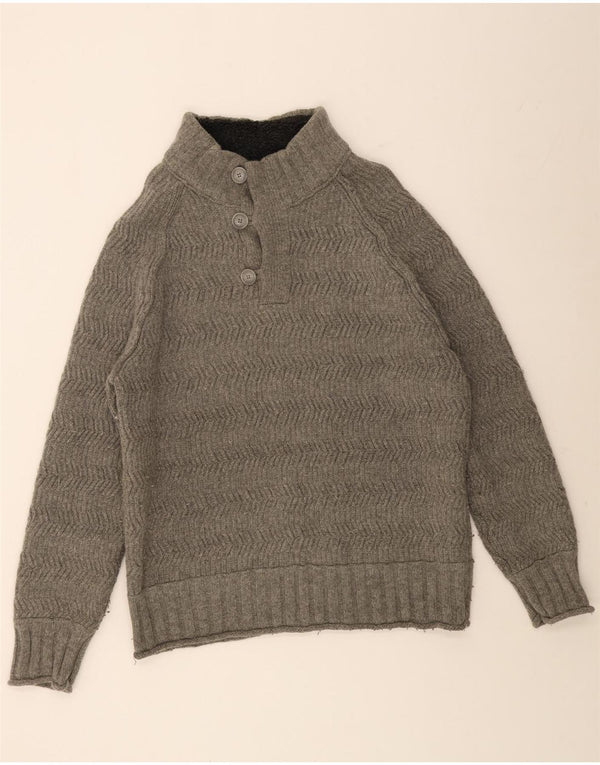 FAT FACE Herren-Pullover mit Knopfkragen, 2XL, graue Wolle mit Fischgrätenmuster