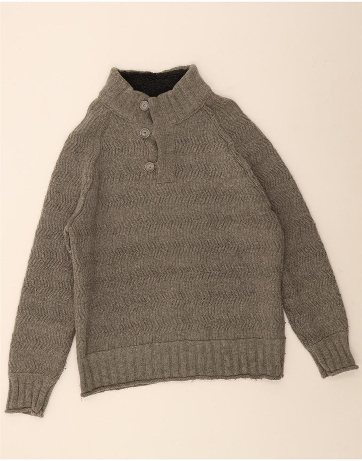 FAT FACE Herren-Pullover mit Knopfkragen, 2XL, graue Wolle mit Fischgrätenmuster
