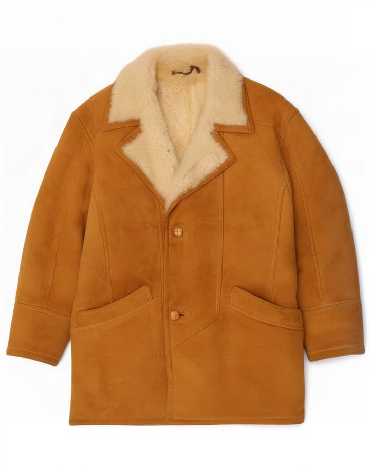 Vintage Herren Shearling Overcoat IT 48 Medium Beige Leder