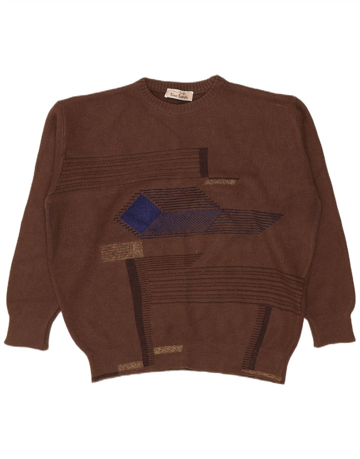 Vintage Herren Pullover mit Rundhalsausschnitt, groß, braun, geometrisch