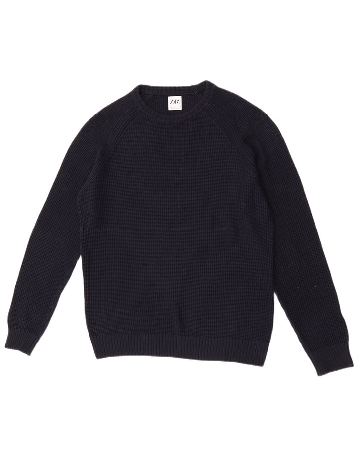 Zara Herren-Pullover mit Rundhalsausschnitt, groß, marineblaue Baumwolle