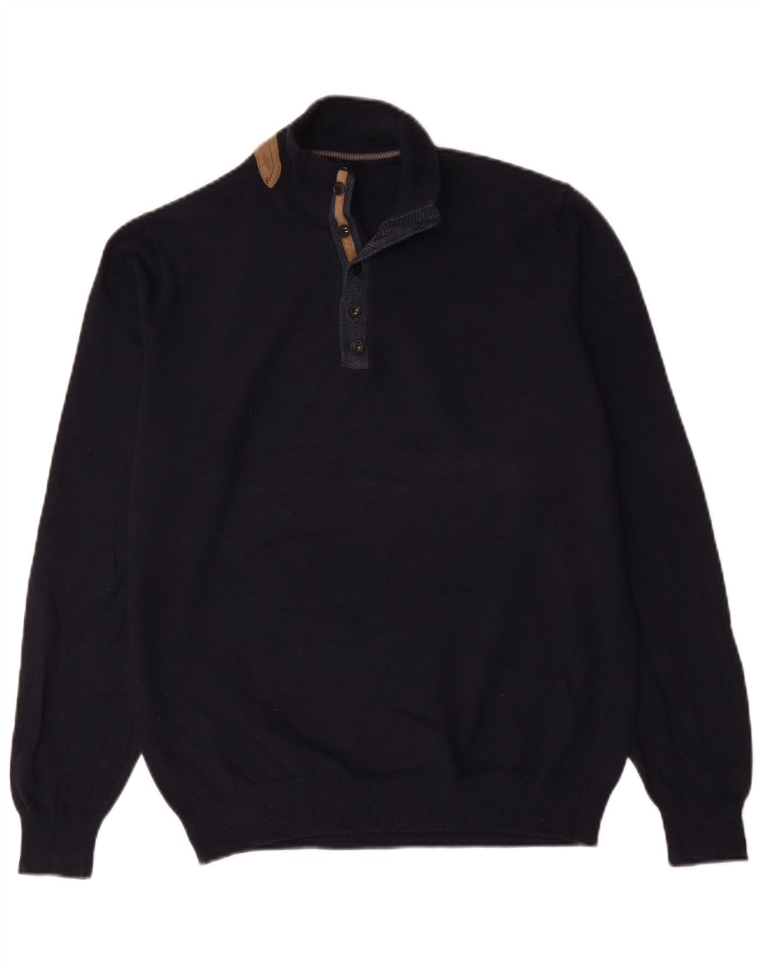 Massimo Dutti Herren-Pullover mit Knopfkragen, groß, marineblaue Baumwolle