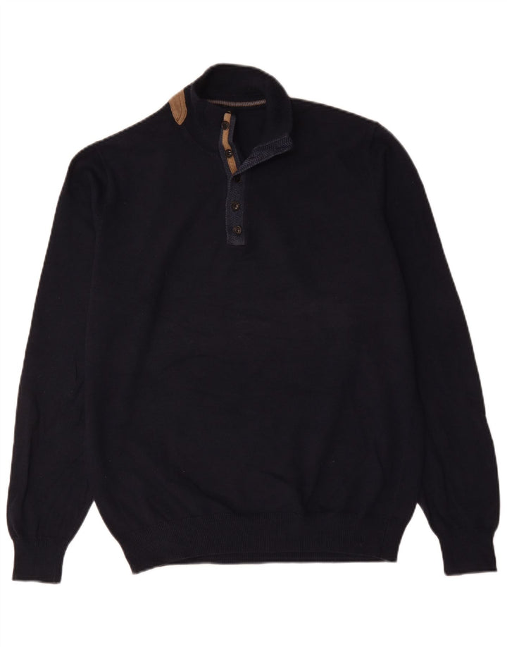 Massimo Dutti Herren-Pullover mit Knopfkragen, groß, marineblaue Baumwolle