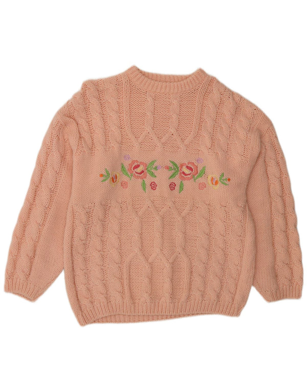 Vintage Damen Pullover mit Rundhalsausschnitt UK 20 2XL Rosa geblümte Wolle