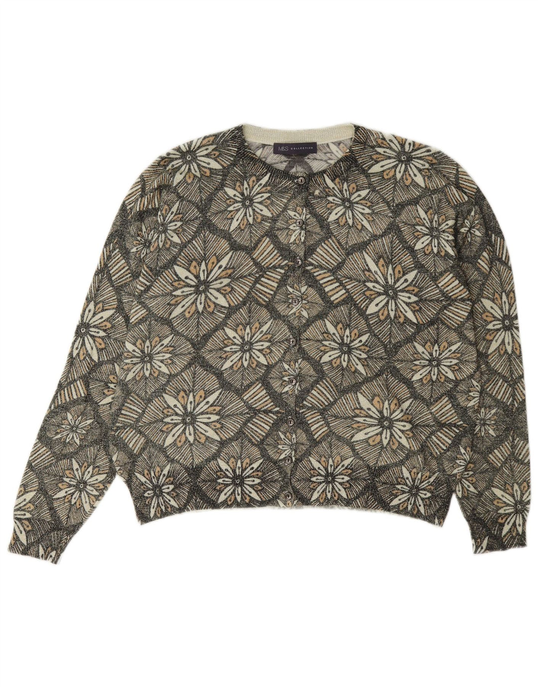 Marks & Spencer Damen-Strickjacke, UK-Größe 44, Mittelgrau, klassisch mit Blumenmuster