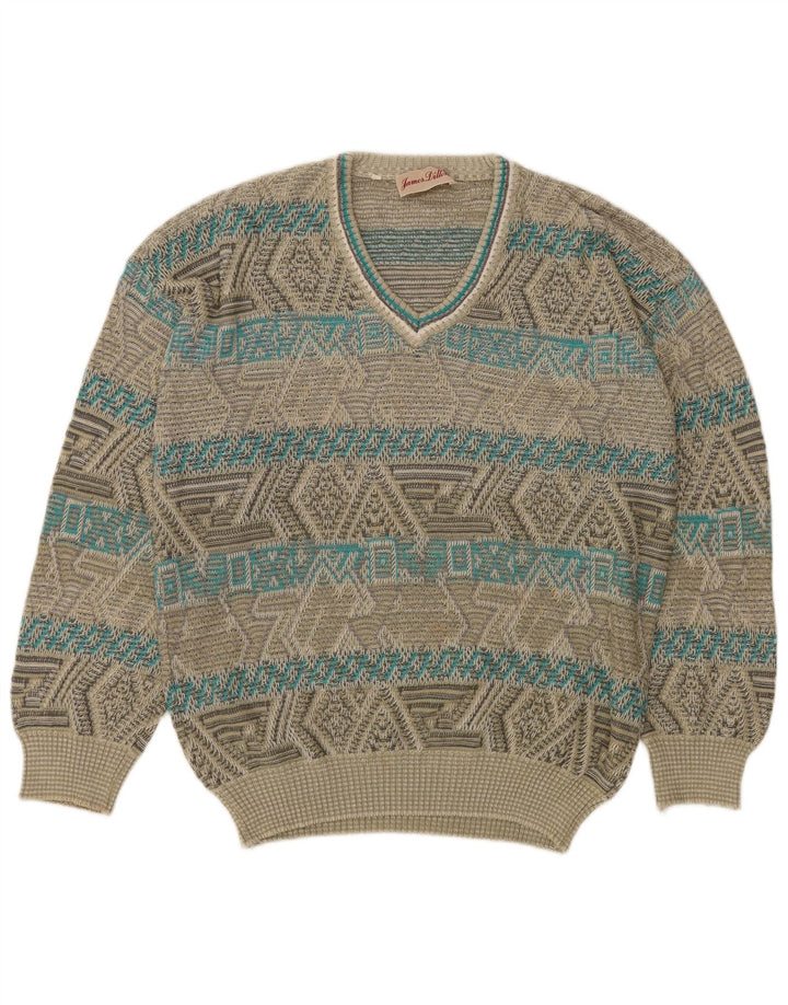 James Dillon Herren-Pullover mit V-Ausschnitt, groß, Khaki, geometrisches Acryl