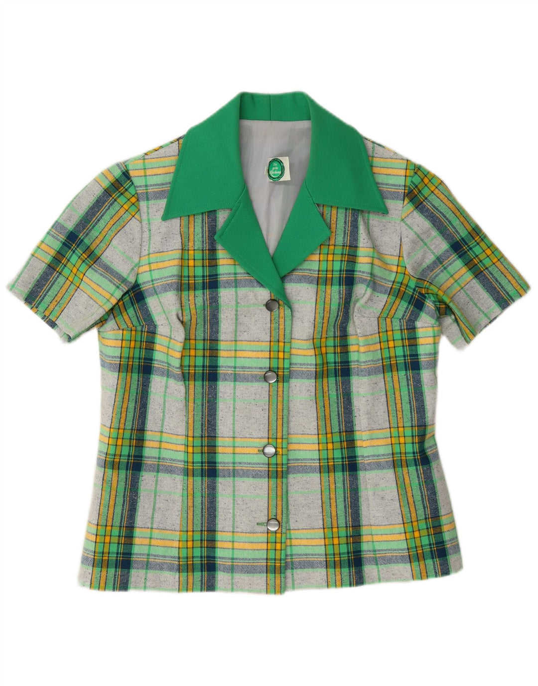 Vintage Damen Kurzarm-Hemdbluse IT 40 Small Green Check Polyester