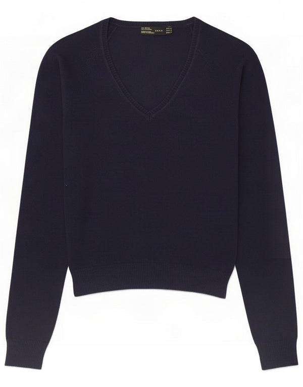 Zara Womens V-Neck Jumper Sweater UK 12 Medium Navy Blue Cotton