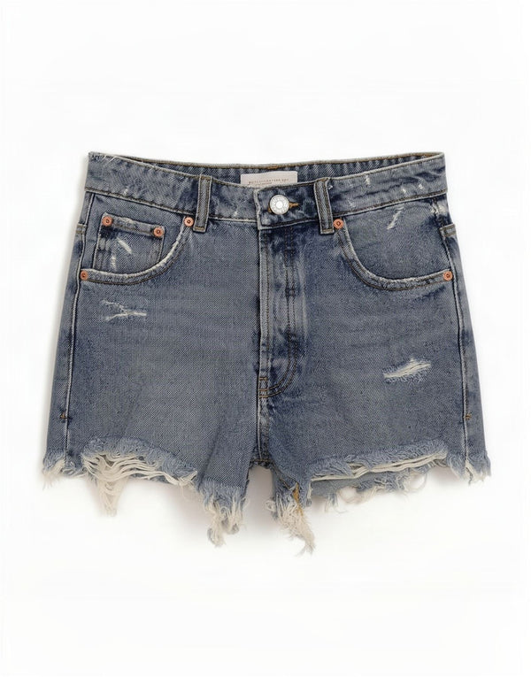 Zara Damen Distressed Denim Shorts EU 34 2XS W24 Blaue Baumwolle