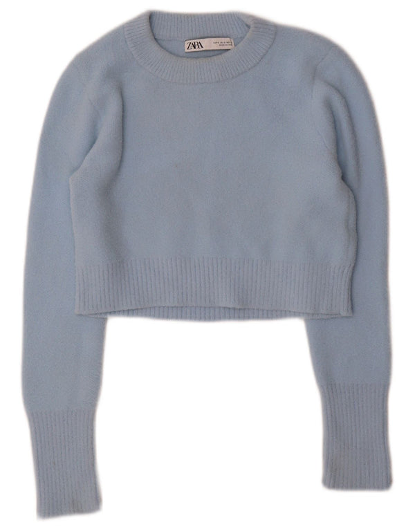 Zara Damen Crop Crew Neck Pullover Pullover UK 8 Small Blue Nylon