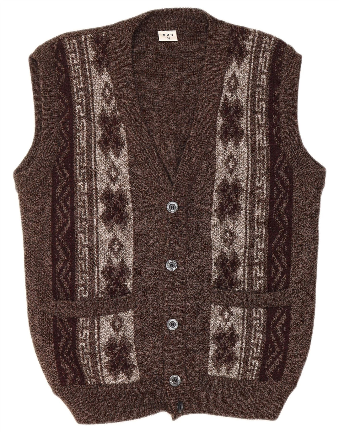 VINTAGE Ärmelloser Herren-Cardigan-Pullover Mittelbraun Fair Isle