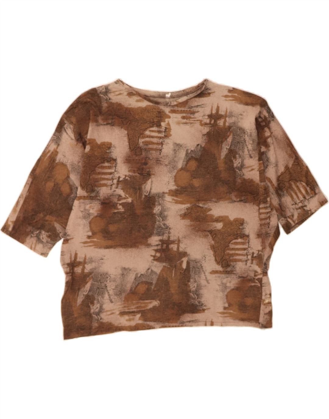 VINTAGE Womens Graphic Top 3/4 Sleeve UK 14 Medium Brown Colourblock Vintage Vintage and Second-Hand Vintage from Messina Hembry 