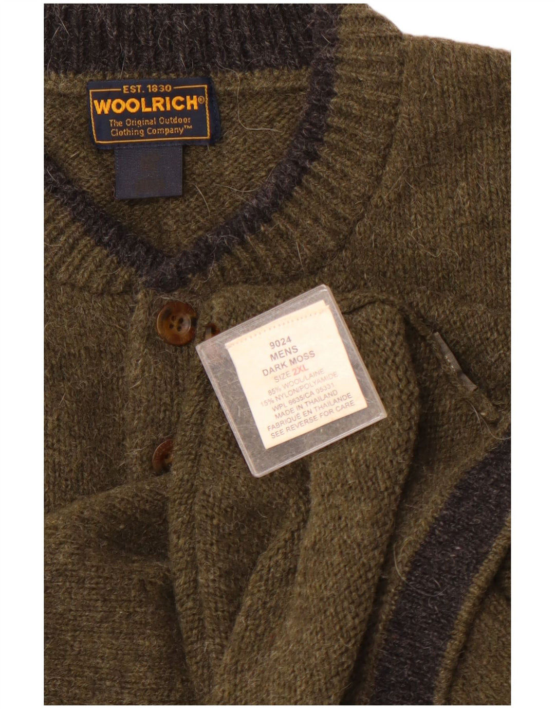 WOOLRICH Herren-Pullover mit Knopfkragen, 2XL, Khaki, Wolle