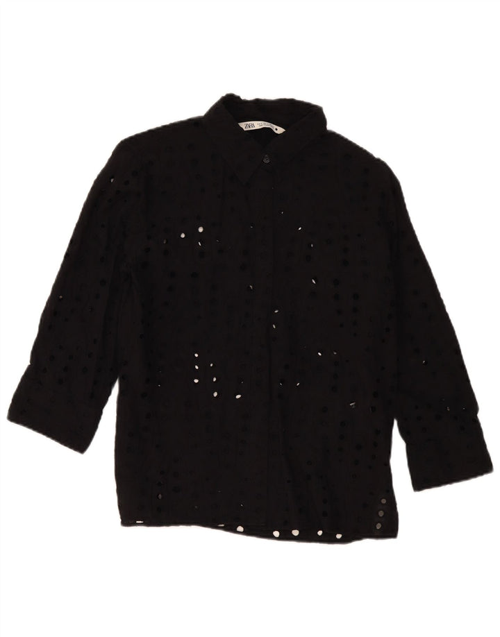 Zara Damen-Hemdbluse mit 3/4-Ärmeln, UK-Größe 44, mittelschwarz, Baumwolle