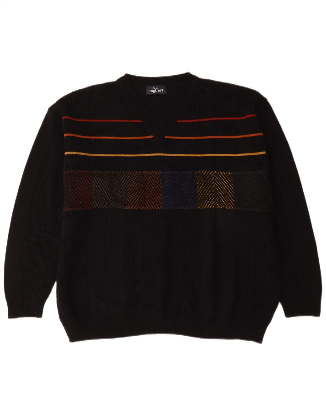 Engbers Herren-Pullover mit V-Ausschnitt, EU 54, XL, schwarz gestreift, Wolle