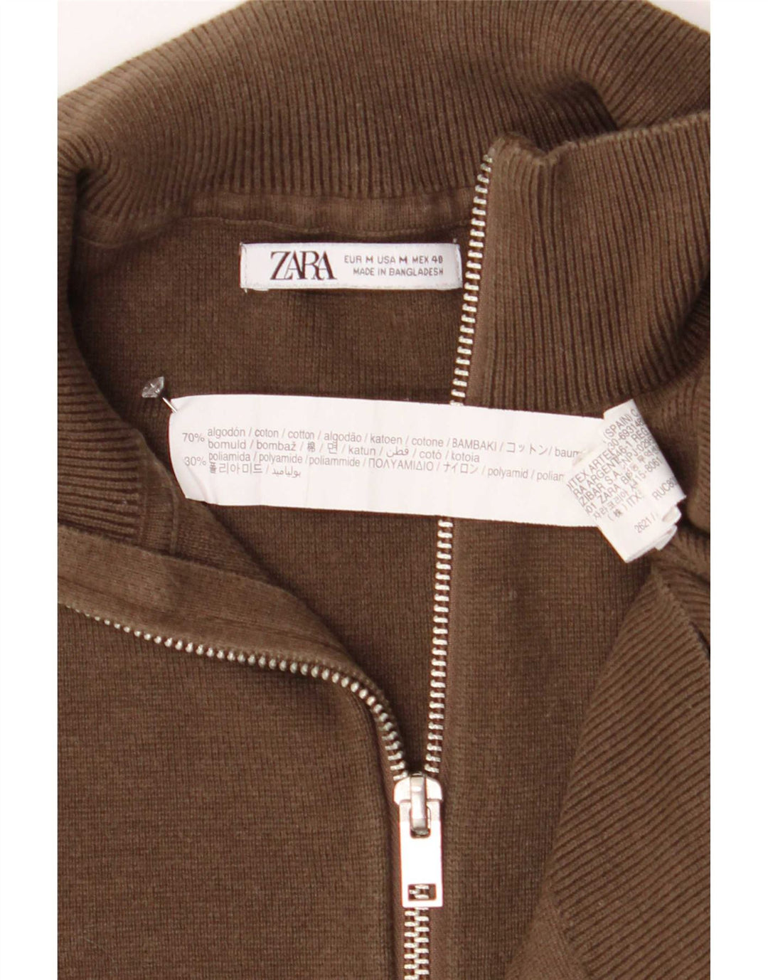 Zara Herren-Pullover mit Reißverschluss am Hals, mittelbraune Baumwolle