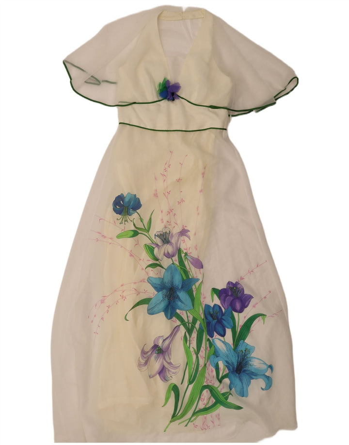 Vintage Damen Maxikleid IT 46 Großes weißes Blumenmuster aus Polyester