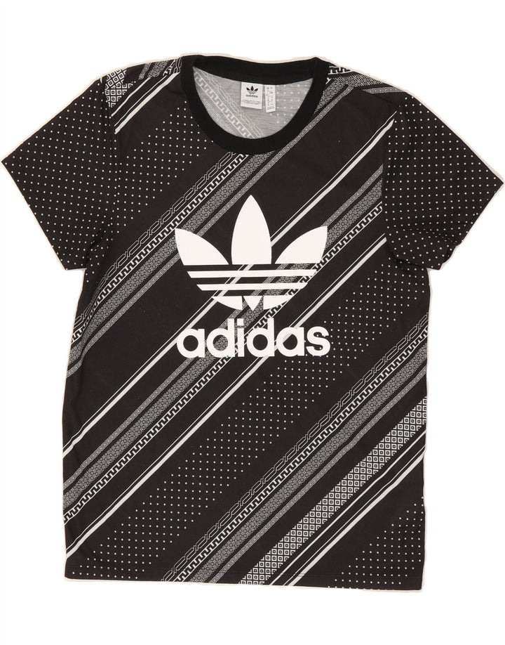 ADIDAS Womens Graphic T-Shirt Top UK 12 Medium Black Striped Polyester Vintage Adidas and Second-Hand Adidas from Messina Hembry 