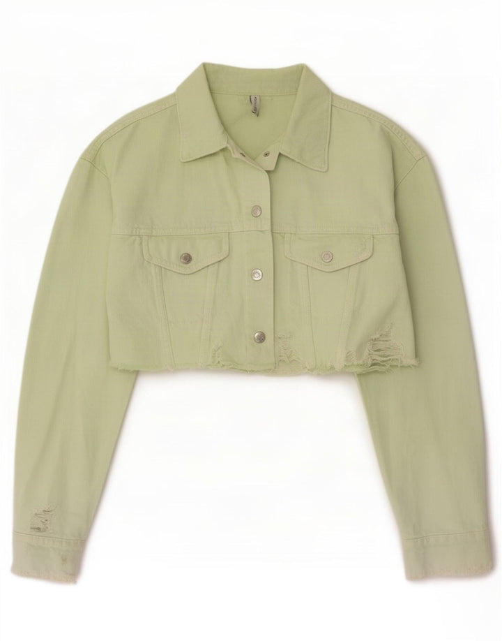 Zara Damen Distressed Crop Denim Jacke UK 10 Small Grün