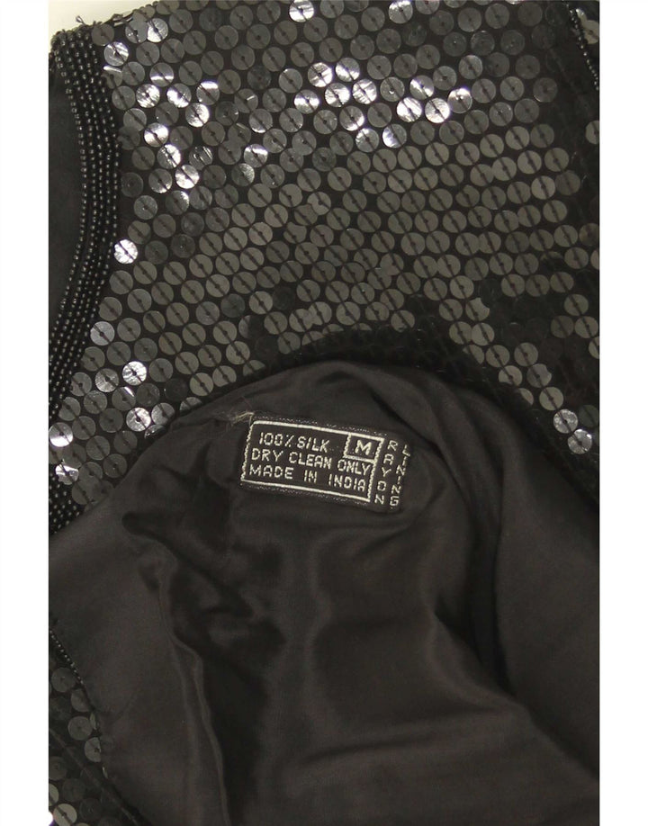 Vintage Damen Pailletten-Hemdbluse UK 14 Mittelschwarze Seide