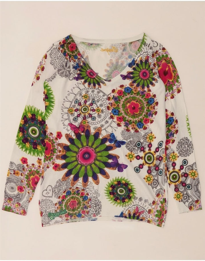 Desigual Damen-Pullover mit V-Ausschnitt, Gr. 14, mittelgroß, mehrfarbig, Blumenmuster