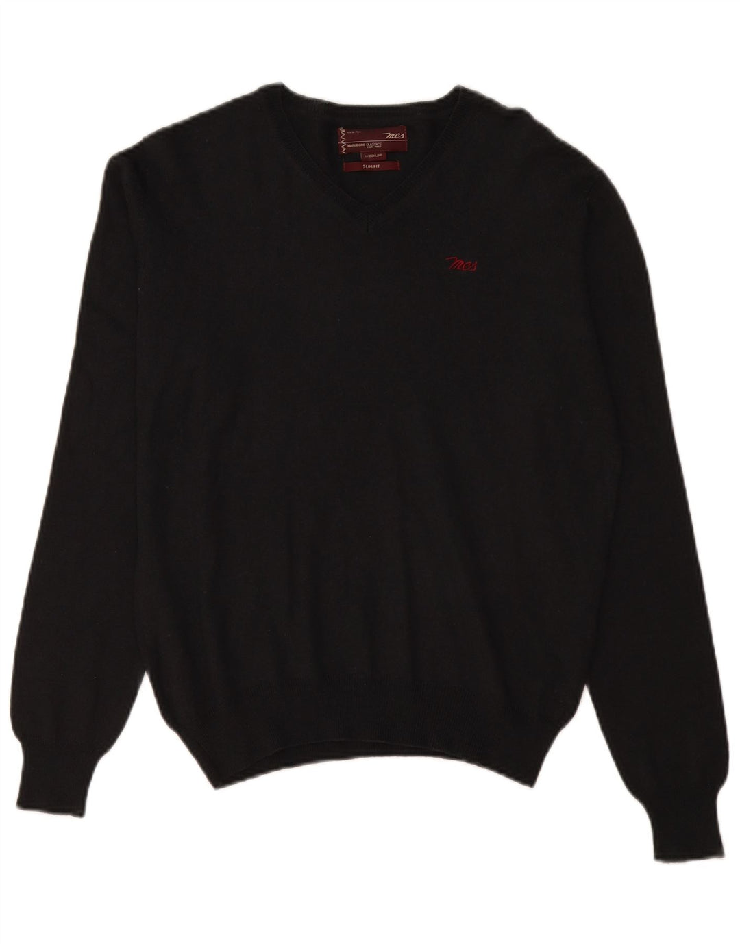 Marlboro Classics Slim Fit Herrenpullover mit V-Ausschnitt aus mittelschwarzer Wolle