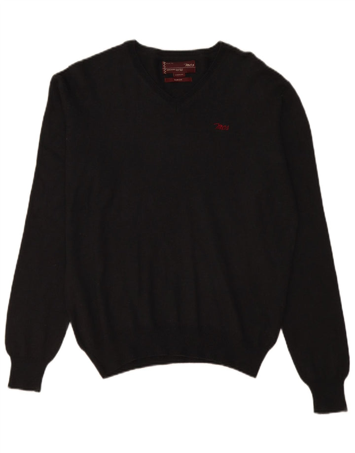 Marlboro Classics Slim Fit Herrenpullover mit V-Ausschnitt aus mittelschwarzer Wolle