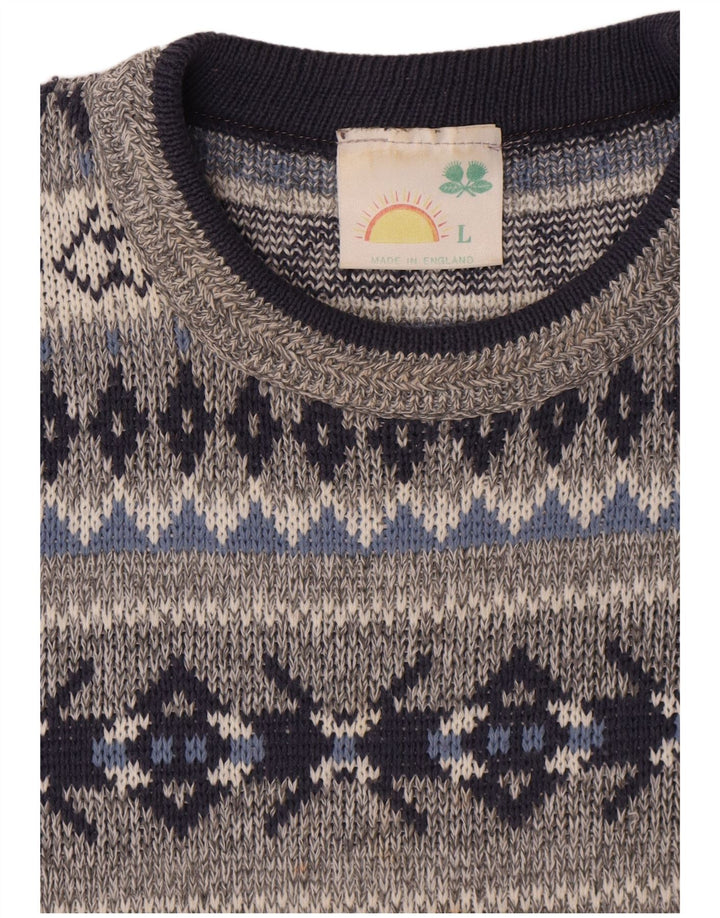 Vintage Herren Pullover mit Rundhalsausschnitt, groß, Grau, Fair Isle