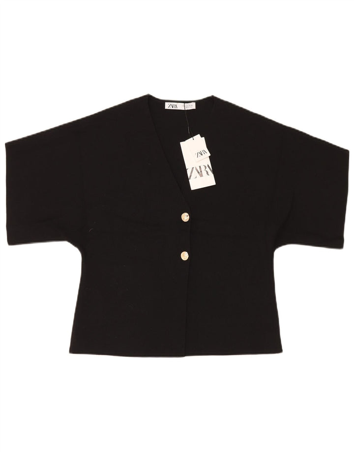 Zara Damen Kurzarm-Crop-Top UK 12 Medium Schwarz Polyester