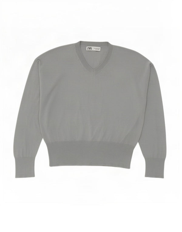 Zara Damen-Pullover mit V-Ausschnitt, UK 14, mittelgraue Baumwolle