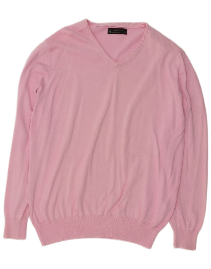 Zara Herren-Pullover mit V-Ausschnitt, groß, rosa Baumwolle