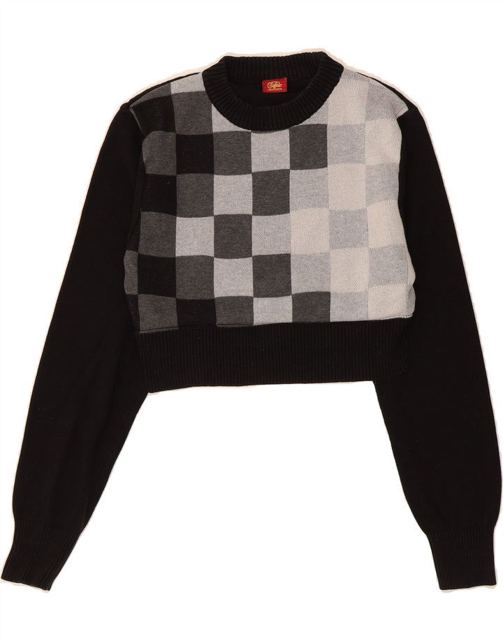 BUFFALO Womens Crop Crew Neck Jumper Sweater UK 12 Medium Black Geometric Vintage Buffalo and Second-Hand Buffalo from Messina Hembry 
