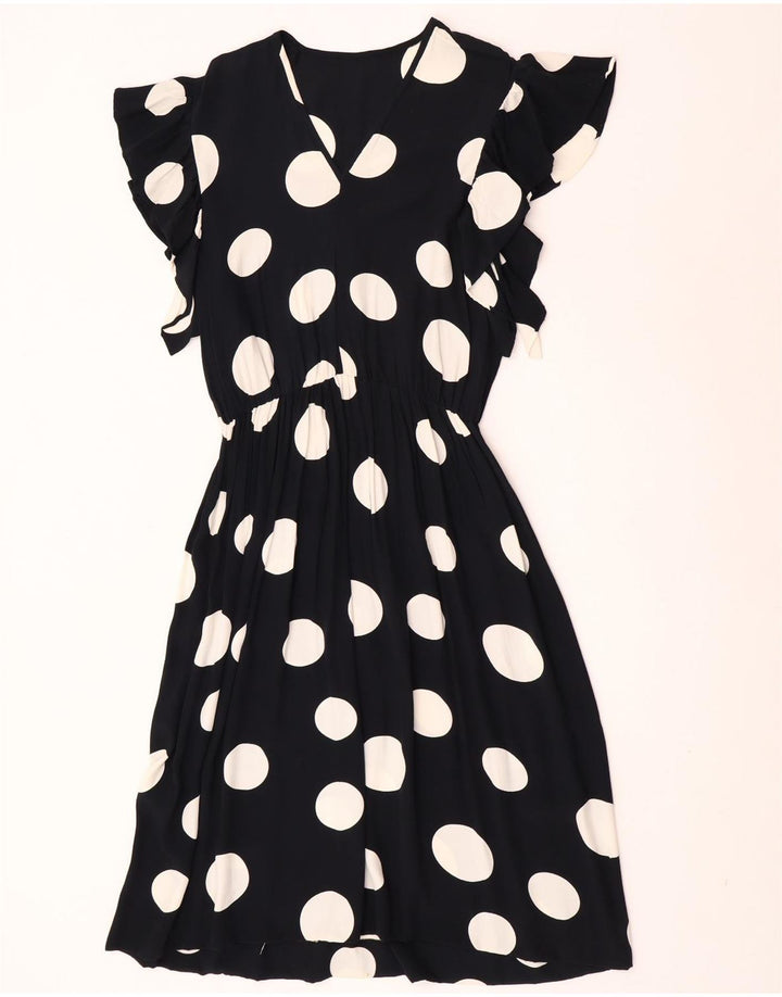 Vintage Damen A-Linie Kleid UK 12 Medium Schwarz Polka Dot