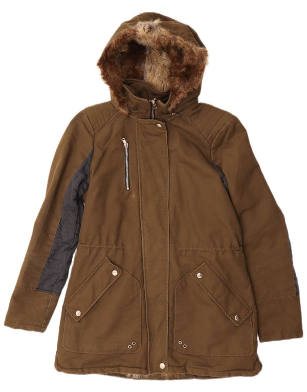 Zara Damen Trafaluc Faux Fur Parka Jacke UK 10 Small Khaki Farbblock