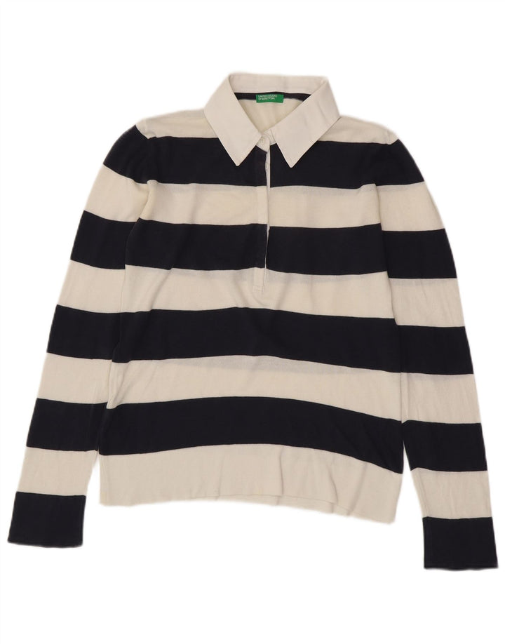 BENETTON Womens Knit Rugby Polo Shirt UK 14 Mittelweiß gestreift