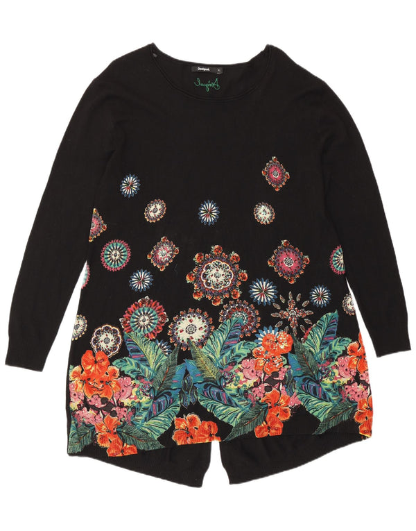 Desigual Damen Longline-Pullover mit U-Boot-Ausschnitt, Gr. 18, XL, Schwarz mit Blumenmuster