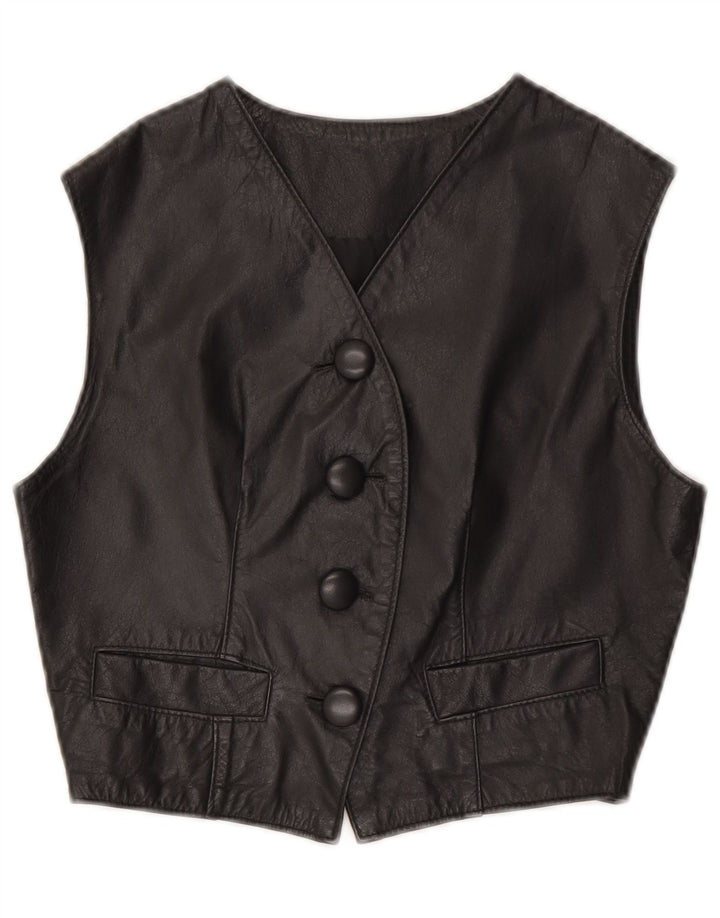 Vintage Damen Crop Lederweste UK 10 Small Schwarz