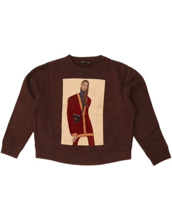 Zara Damen Crop Graphic Oversized Sweatshirt Pullover UK 10 Small Braun