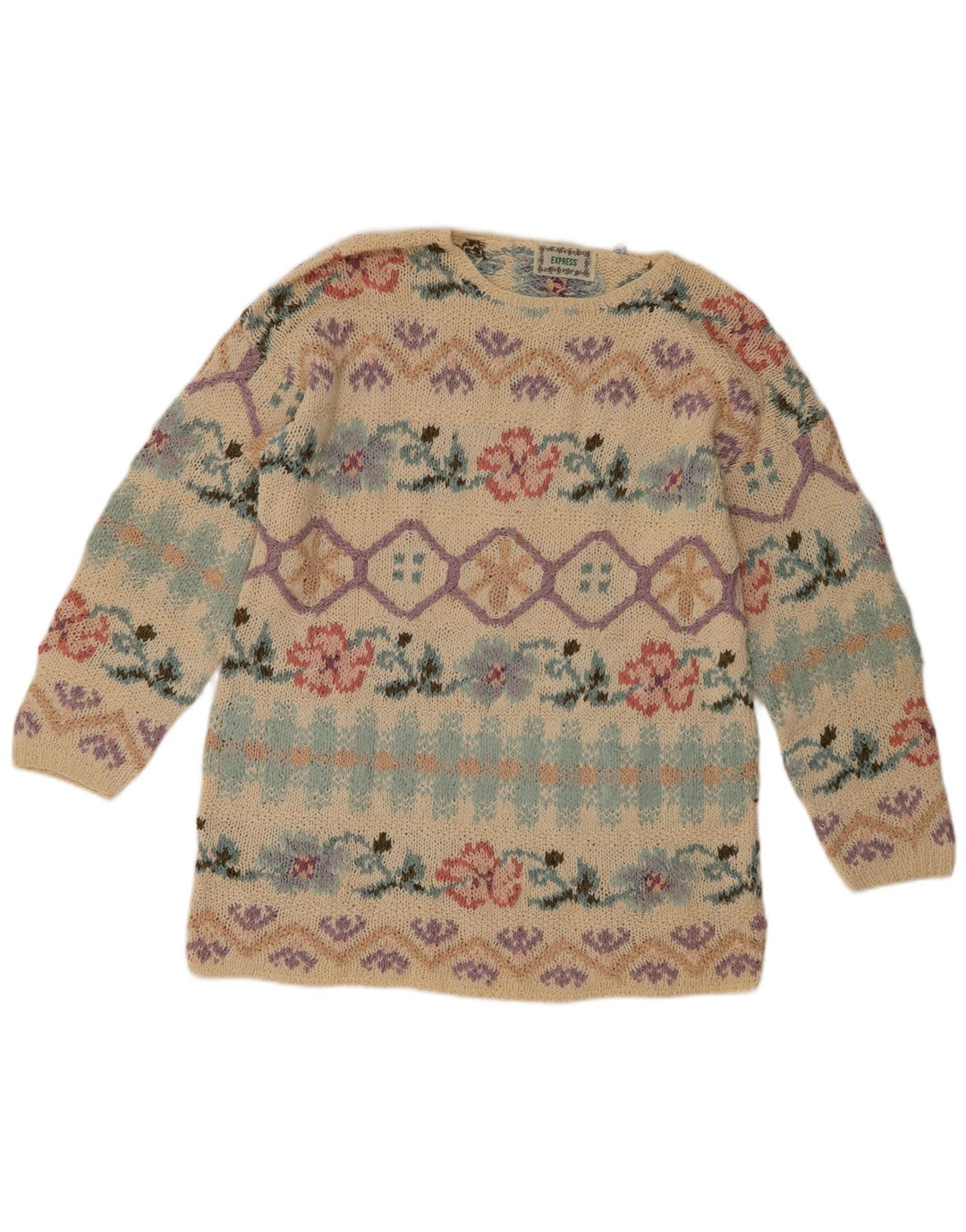 Express Damen-Pullover mit Rundhalsausschnitt, Gr. 12, mittelbeige, geblümte Seide