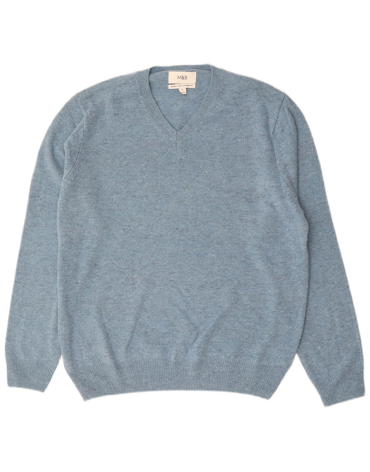 Marks & Spencer Herren-Pullover mit V-Ausschnitt, XL, blau gefleckte Lammwolle