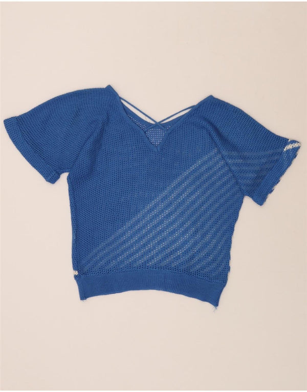 VINTAGE Damen Durchsichtiger Pullover mit U-Boot-Ausschnitt, Gr. 14, Blau