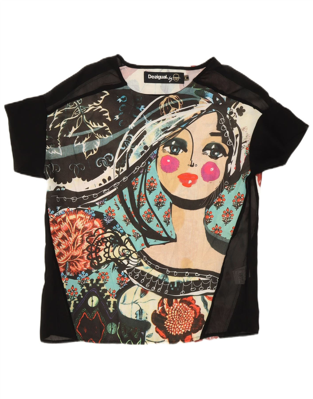 Desigual Damen Durchsichtiges Grafik-T-Shirt-Oberteil UK 14 Medium Mehrfarbig