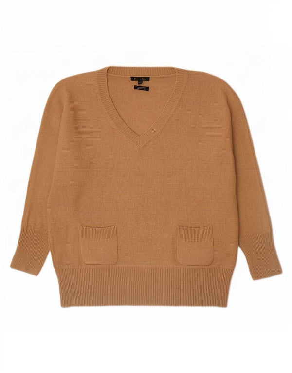 Massimo Dutti Damen-Pullover mit V-Ausschnitt, UK 14, mittelbeige Wolle