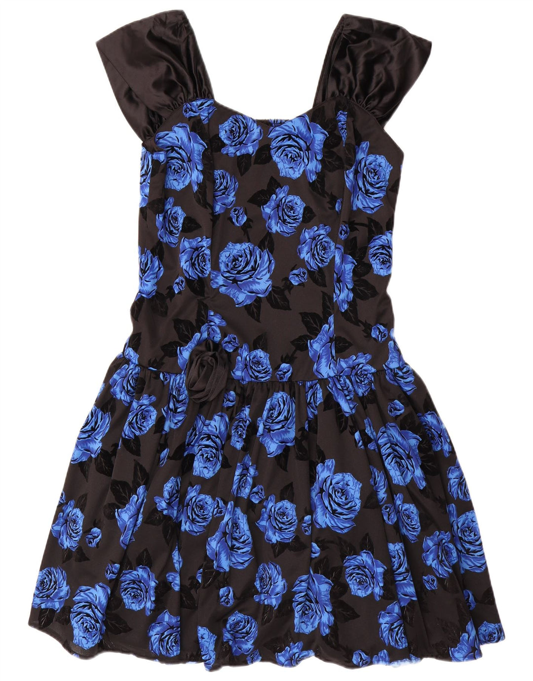 VINTAGE Damen Ärmelloses A-Linien-Kleid IT 42 Mittelblaues Blumenmuster aus Polyester