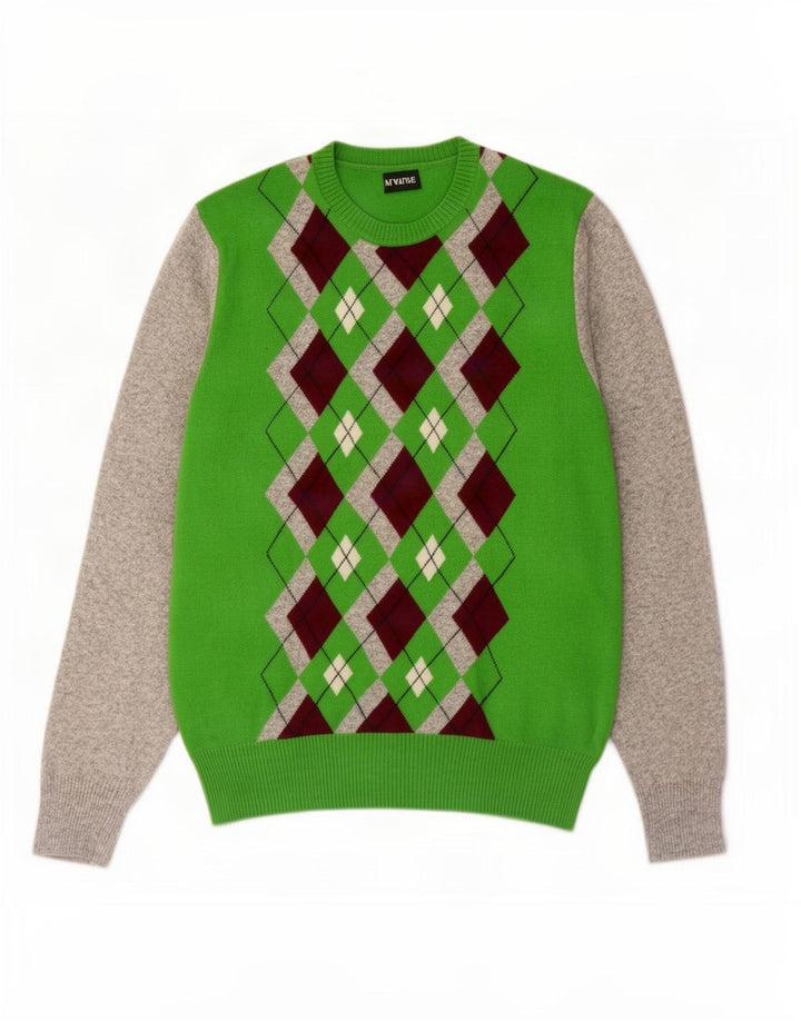 Playlife Herren-Pullover mit Rundhalsausschnitt, XL, grüne Argyle-/Diamantwolle