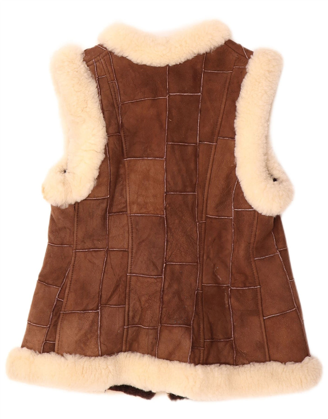 VINTAGE Damen Shearling Gilet EU 36 Kleines braunes Patchwork-Leder