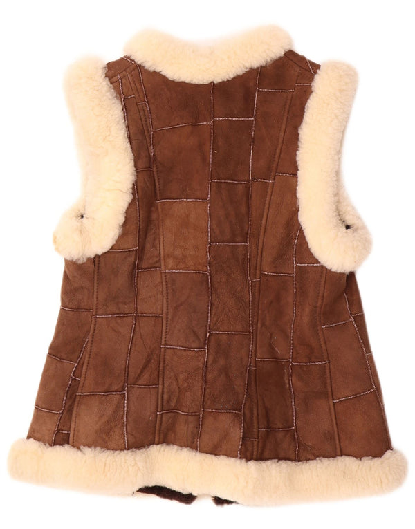 VINTAGE Damen Shearling Gilet EU 36 Kleines braunes Patchwork-Leder