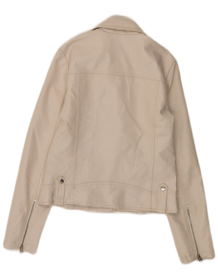 Topshop Damen-Bikerjacke aus Kunstleder, UK 8, Größe S, gebrochenes Weiß, Polyurethan
