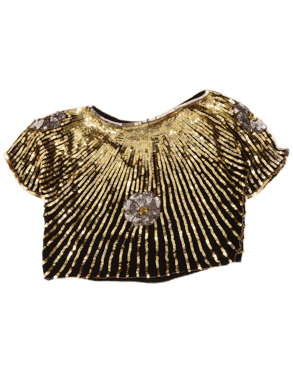 Vintage Damen Crop Loose Fit PaillettenBluse Top UK 10 Small Gold Floral